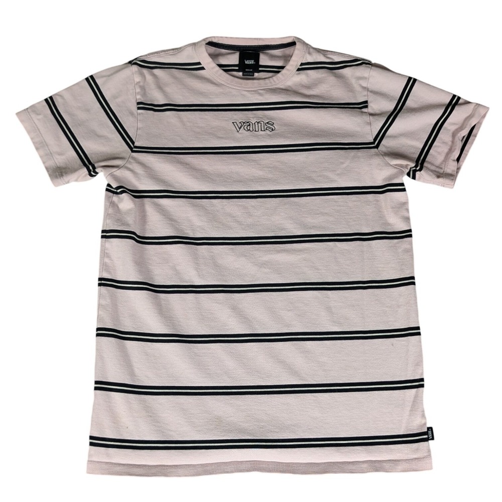 Vans Striped T-Shirt Light Pink Black Embroidered‎ Gothic Logo Skate Tee Medium